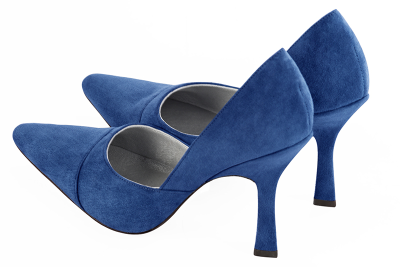 Electric blue women's open arch dress pumps. Tapered toe. Very high spool heels. Rear view - Florence KOOIJMAN